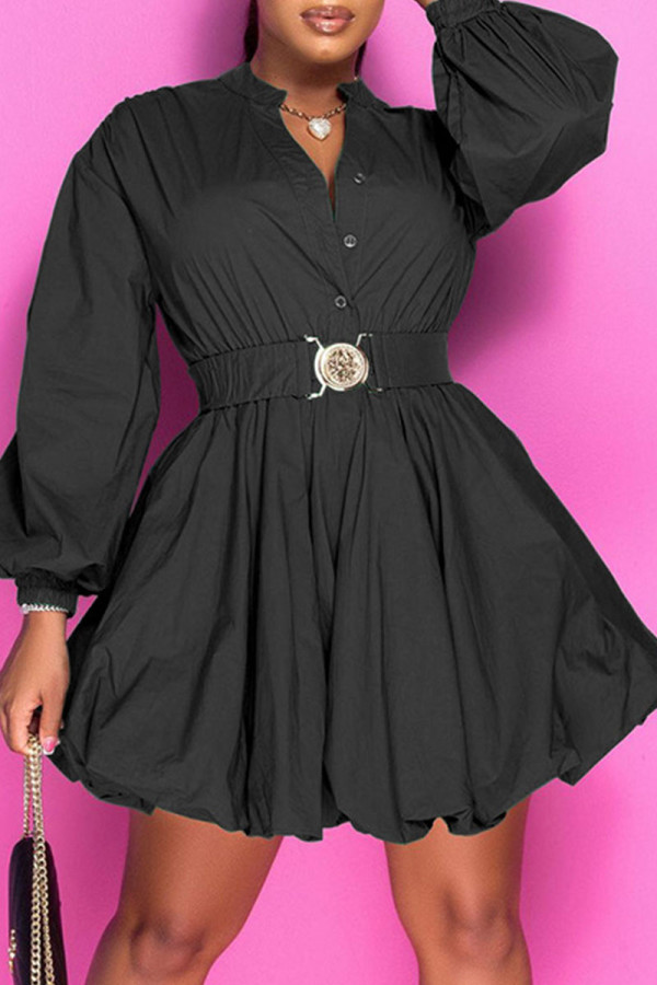 Black Fashion Casual Solid Patchwork Buckle Fold Mandarin Collar A Line Dresses