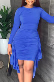 ブルー カジュアル ソリッド パッチワーク フラウンス フォールド O ネック ワンステップ スカート ドレス