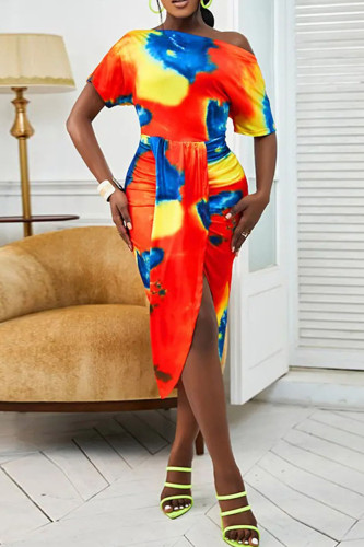 Tangerine Red Casual Print Patchwork Asymmetrical Oblique Collar Irregular Dress Dresses