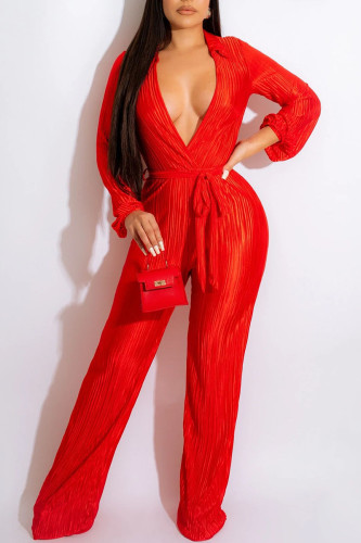 Red Sexy Solid Patchwork Fold V Neck Straight Jumpsuits