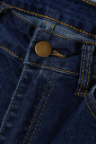 Mellanblå Casual Street Print Rippet Patchwork Jeans med hög midja