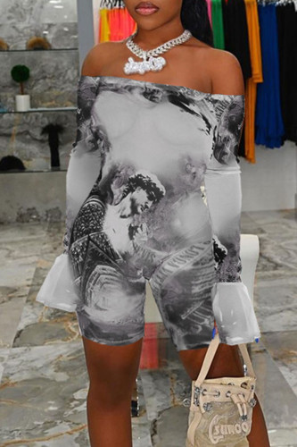 Black Sexy Print Patchwork Off the Shoulder Skinny Rompers
