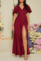 Röda Casual Elegant Solid Patchwork Slit V-hals Raka klänningar