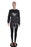 Black Casual Street Print Patchwork Letter O Neck Long Sleeve Two Pieces