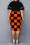 Zwart Oranje Casual Print Patchwork Volant O-hals Een Stap Rok Plus Size Jurken