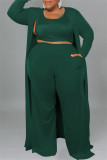 Verde Casual Solid Cardigan Gilet Pantaloni O Collo Plus Size Due Pezzi