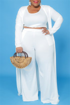 Cardigan solido casual bianco gilet pantaloni o collo plus size due pezzi