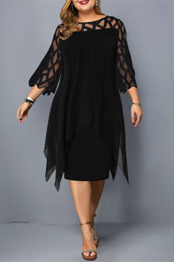 ブラック カジュアル ソリッド パッチワーク Oネック ワンステップ スカート プラスサイズ ドレス