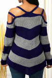 Navy Blue Casual Striped Print Patchwork Spaghetti Strap Tops