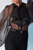 Black Sexy Casual Solid Patchwork See-through Turndown Collar Regular Bodysuits