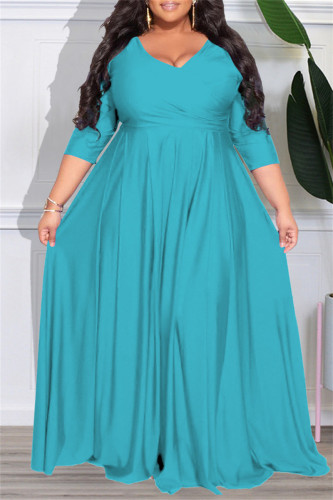 Light Blue Casual Solid Patchwork V Neck Long Sleeve Plus Size Dresses