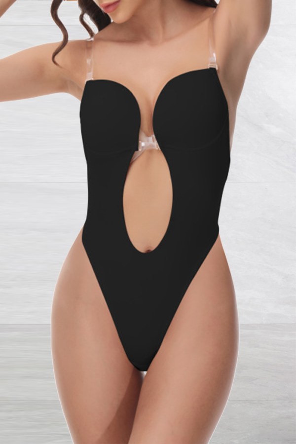 Zwarte sexy effen uitgeholde patchwork-lingerie