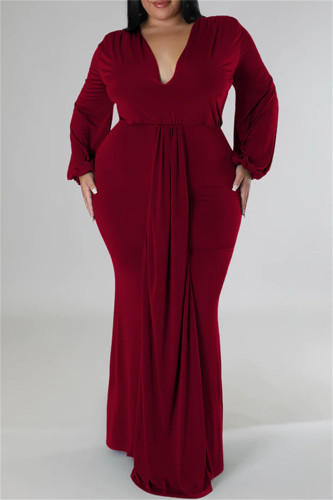 Burgundy Casual Solid Patchwork V Neck Long Sleeve Plus Size Dresses