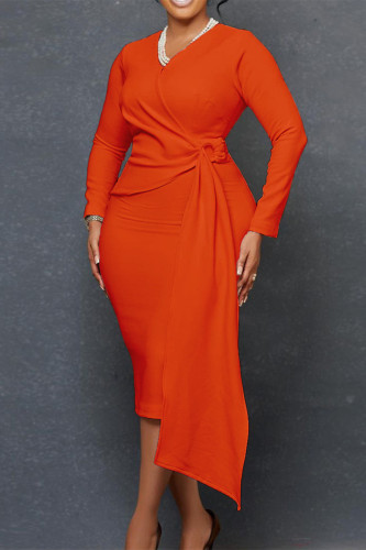 Оранжевые повседневные однотонные платья с длинным рукавом в стиле пэчворк с V-образным вырезом