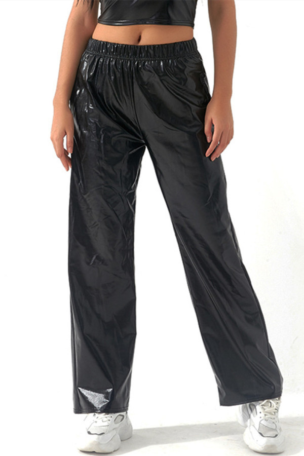 Schwarze, lässige, einfarbige Patchwork-Hose mit hoher Taille, herkömmliche einfarbige Unterteile