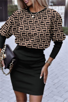 Vestidos manga longa preto cáqui com estampa casual patchwork e decote em bico