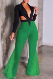 Зеленые повседневные однотонные брюки в стиле пэчворк с завышенной талией и динамиком