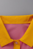 Robe rose décontractée en patchwork uni à col rabattu et à col rabattu