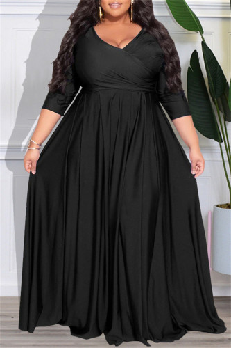 Black Casual Solid Patchwork V Neck Long Sleeve Plus Size Dresses