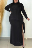 Vestidos de manga comprida de gola alta com banda larga preta e fenda vazada