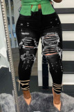 Deep Blue Casual Street Solid Ripped Hollowed Out Patchwork High Waist Denim Jeans