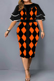 Black Orange Casual Print Patchwork Flounce O Neck One Step Skirt Plus Size Dresses
