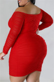 Red Casual Solid Patchwork Off the Shoulder Long Sleeve Plus Size Dresses