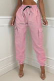 Розовые повседневные уличные однотонные однотонные брюки в стиле пэчворк с высокой талией и карманами