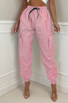 Pantalones casuales de color sólido con bolsillo de retazos lisos de cintura alta de color rosa