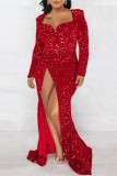 Vestido de noche con escote en V y abertura de lentejuelas formales de patchwork sexy rojo Vestidos