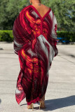 Vestidos de talla grande rectos con cuello en V y abertura de retazos con estampado informal rojo