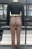 Black Sexy Print Bandage Patchwork O Neck Long Sleeve Two Pieces