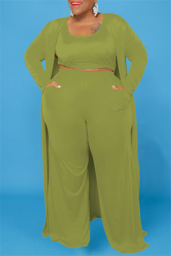 Cardigan solido casual verde chiaro Gilet Pantaloni O collo Plus Size Due pezzi