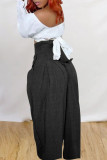 Schwarze, lässige, solide Patchwork-Hosen mit hoher Taille, gerade, einfarbige Unterteile