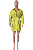 Green Yellow Casual Solid Patchwork Turndown Collar Long Sleeve Dresses