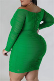 Groen Casual Solid Patchwork Off-shoulder Lange mouw Grote maten jurken
