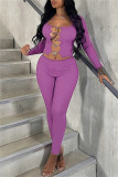 Purple Sexy Casual Solid Hollowed Out Patchwork Metal Accessories Decoration O Neck Long Sleeve Two Pieces