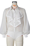 White Sexy Casual Solid Patchwork See-through Turndown Collar Regular Bodysuits