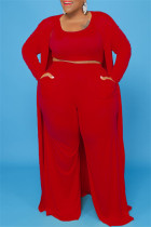 Cardigan solido casual rosso gilet pantaloni o collo plus size due pezzi