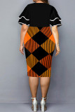 Falda de un solo paso con cuello en O y volantes de retazos con estampado informal naranja negro Vestidos de talla grande