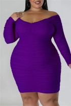 Фиолетовые повседневные сплошные лоскутные платья с открытыми плечами и длинными рукавами больших размеров
