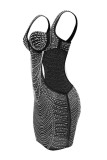 Schwarzes, sexy Patchwork-Heißbohren, ausgehöhlte Ketten, rückenfreies, ärmelloses Kleid mit V-Ausschnitt