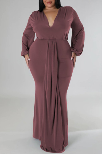 Grey Casual Solid Patchwork V Neck Long Sleeve Plus Size Dresses