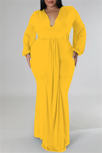 Yellow Casual Solid Patchwork V Neck Long Sleeve Plus Size Dresses