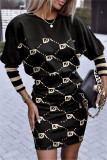 Светло-серые повседневные платья с длинным рукавом и круглым вырезом в стиле пэчворк с принтом