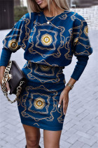 Синие повседневные платья с длинным рукавом и круглым вырезом в стиле пэчворк с принтом