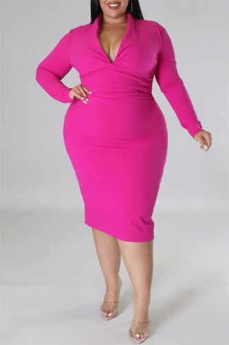 Rose Red Casual Solid Patchwork V Neck Long Sleeve Plus Size Dresses