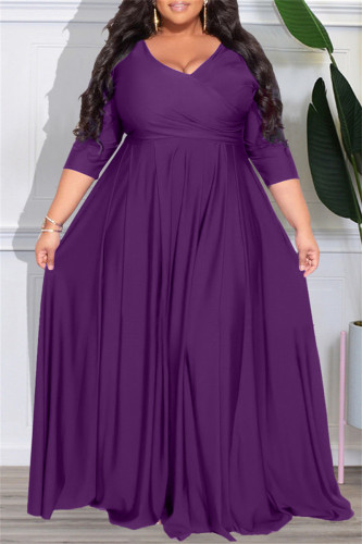 Dark Purple Casual Solid Patchwork V Neck Long Sleeve Plus Size Dresses