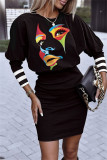 Black Apricot Casual Print Patchwork O Neck Long Sleeve Dresses