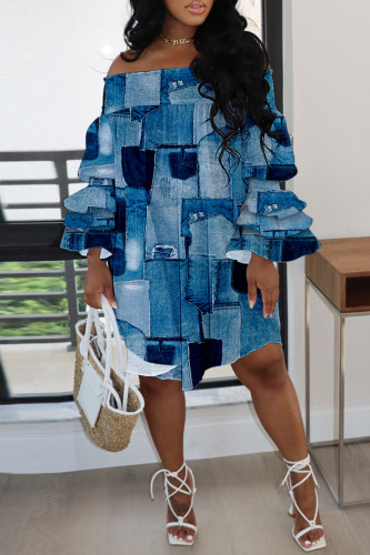 Blue Casual Print Patchwork Off the Shoulder Long Sleeve Plus Size Dresses